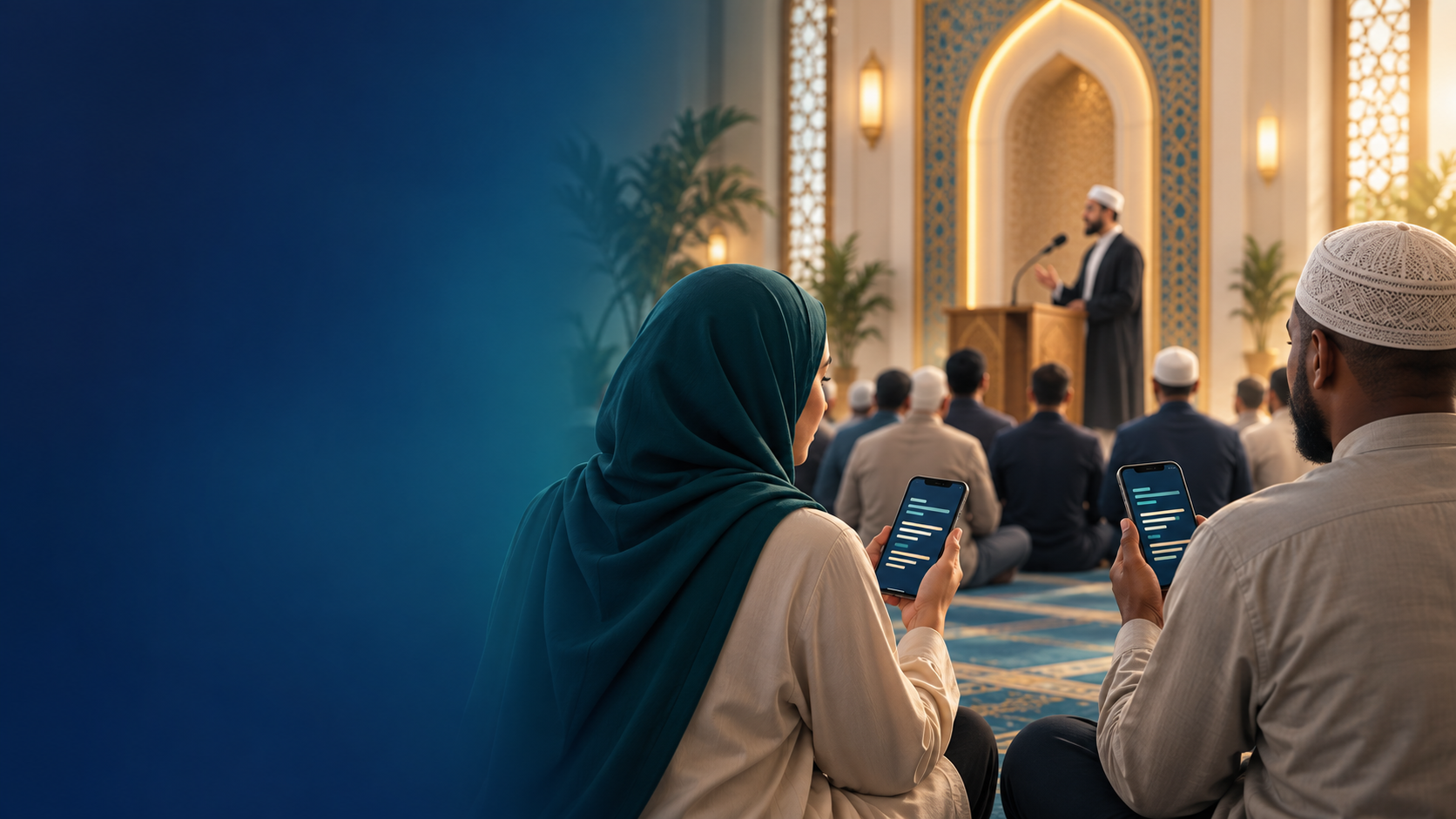 Listeners following live captions on their phones during a khutbah