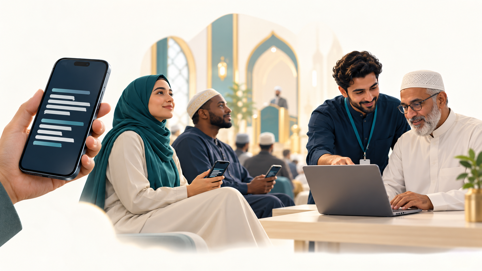 Listeners reading captions on their phones while our team helps a masjid get set up