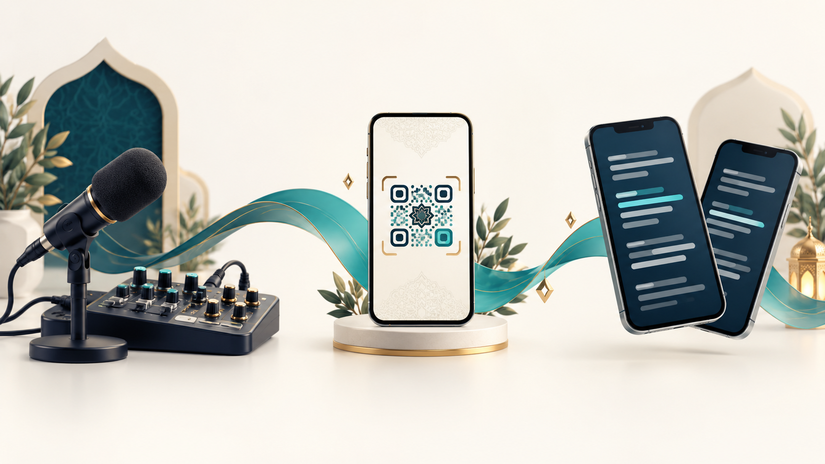 A microphone and mixer connected to a phone with a QR code, streaming captions to listener phones